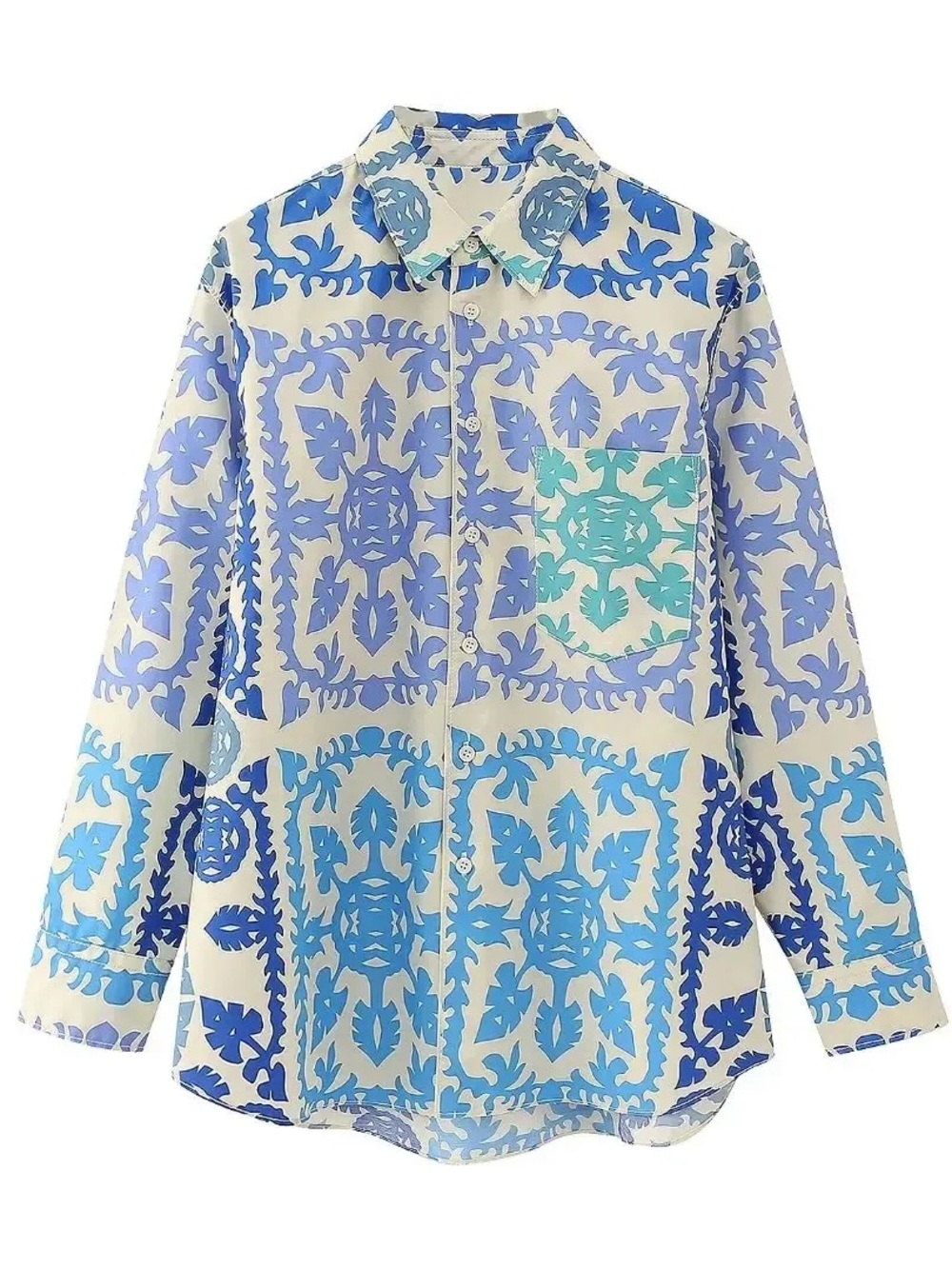 Zara women’s tile print graphic design button down blue and white size large